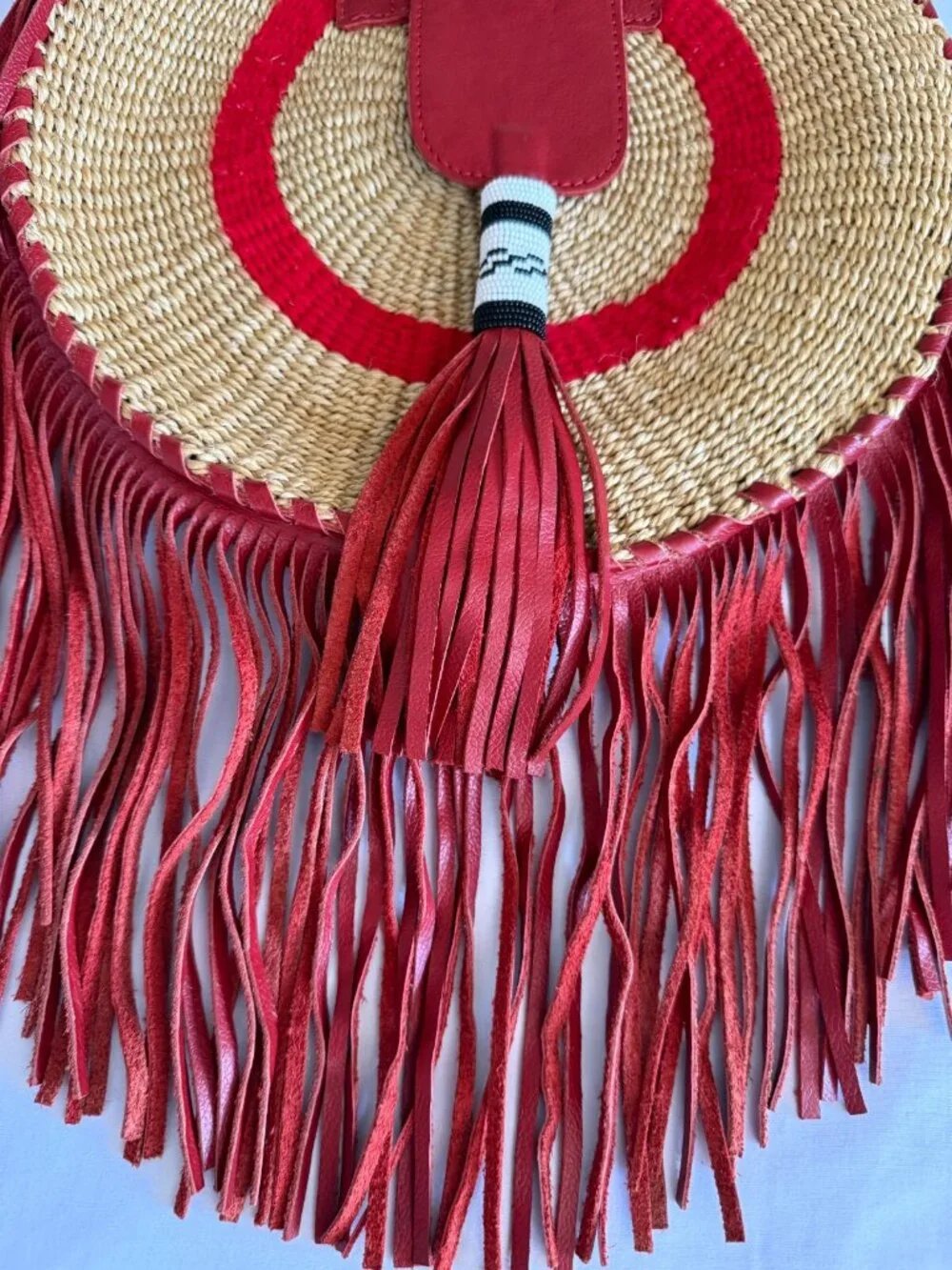 WOVEN SISAL LEATHER FRINGE BAG RED BEADED TASSEL DOUBLE HANDLES ROUND 14